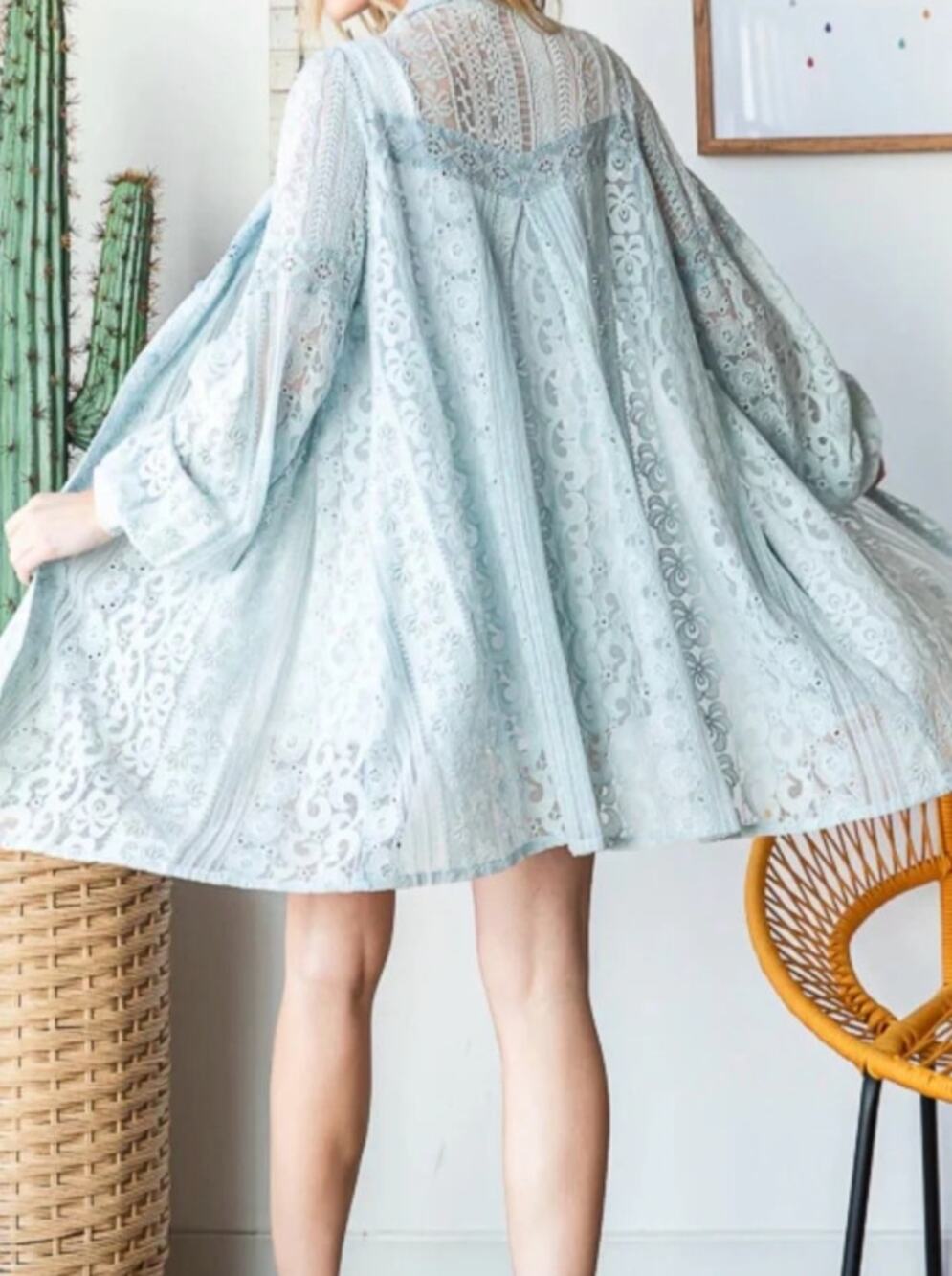 Oli & Hali Light Blue Lace Mix Button Down Duster Top XL - Coastal Boho